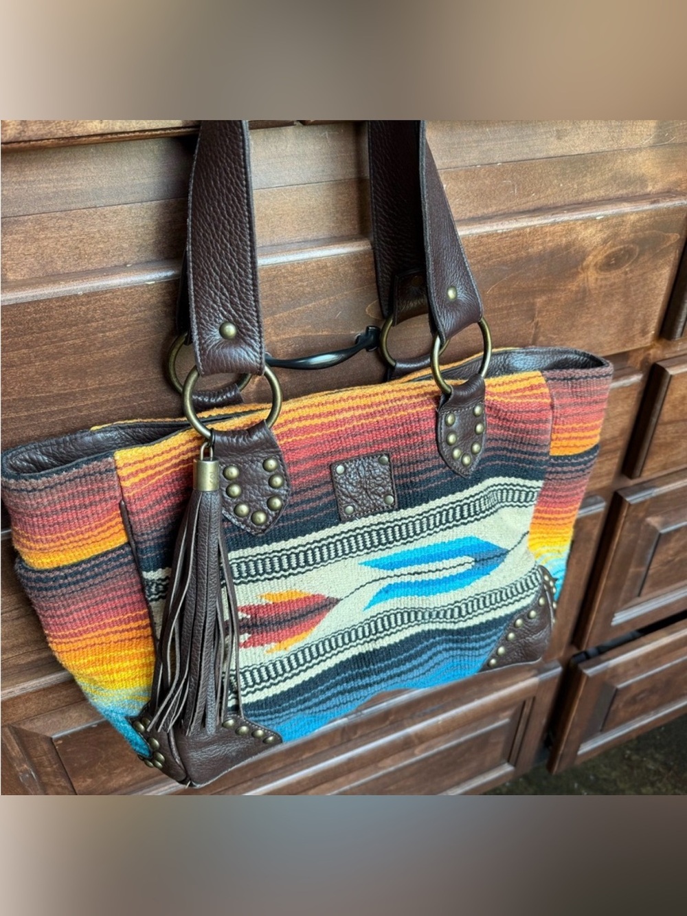 STS Woven Southwestern Tote Bag with Brown Leather Trim